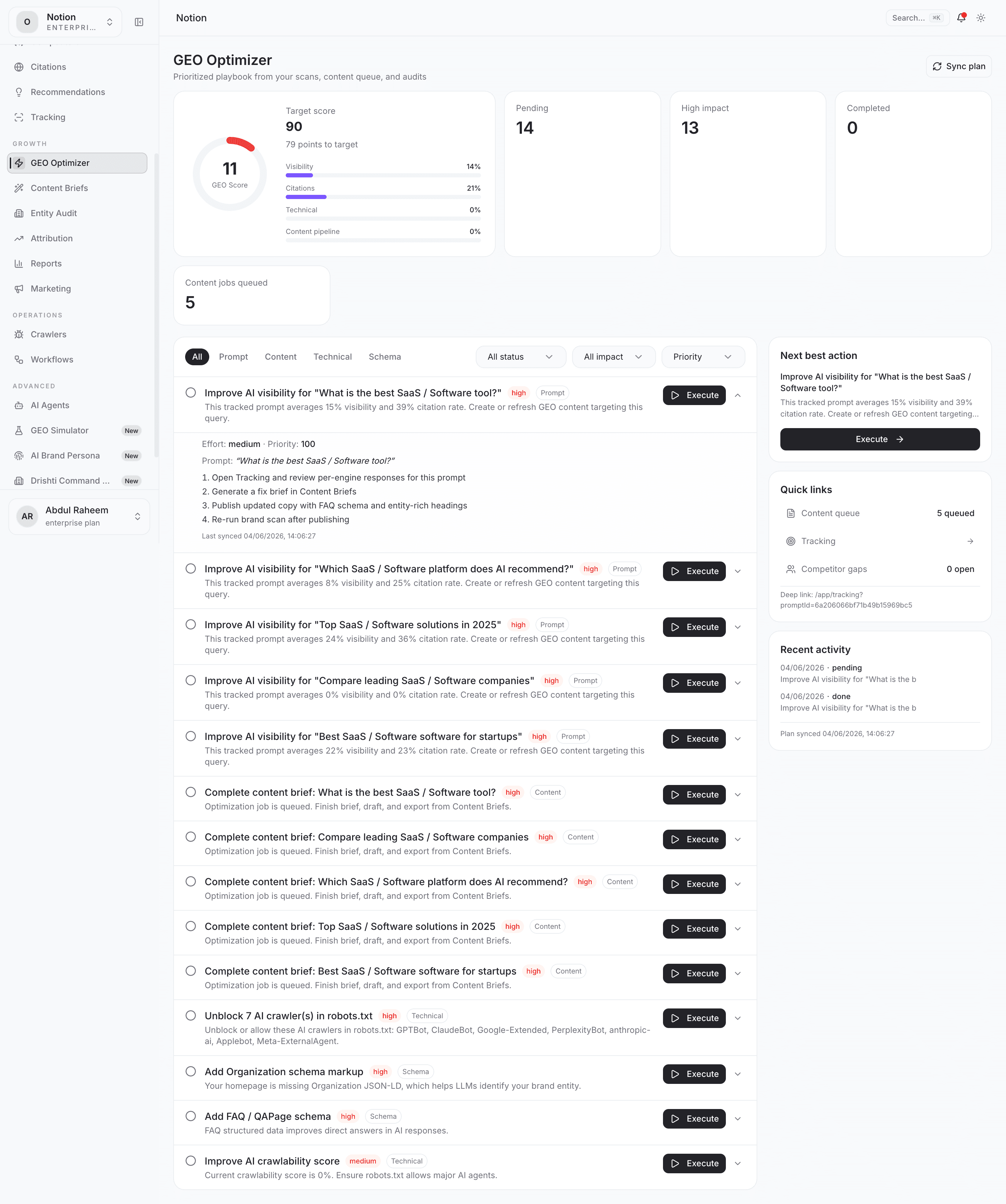 GEO Optimizer — a prioritized playbook of citation-boosting actions generated from scans, content gaps and audits